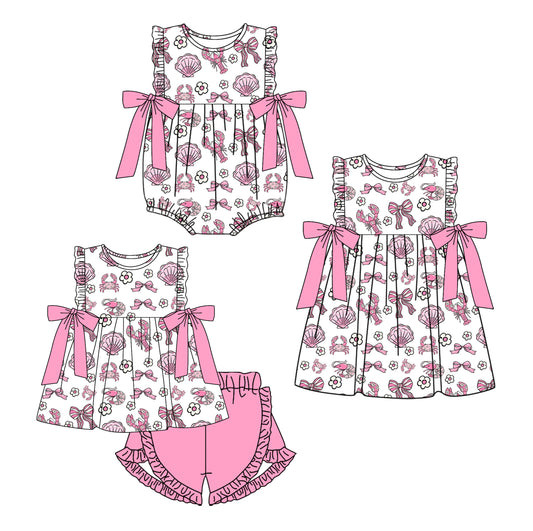 26.1.2 custom each style moq 5 eta 6-8week Sibling Sister bow lobster baby short sleeve shorts sets and romper and dress match design