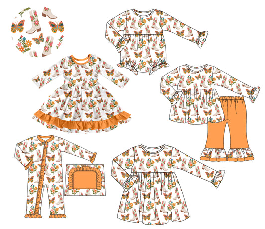 25.7.11 custom each style moq 5 eta 4-6week Sibling Sisters baby girl long sleeve pants sets and romper 1 and romper 2 and dress 1 and dress 2 match family design