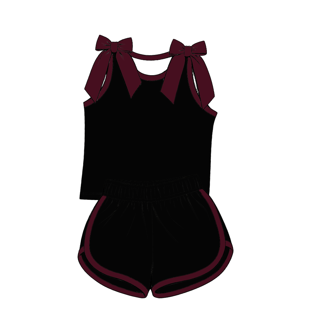 custom moq 5 mix size Baby Girls Maroon Bow Sleeveless Top Shorts Summer Casual Clothes Set