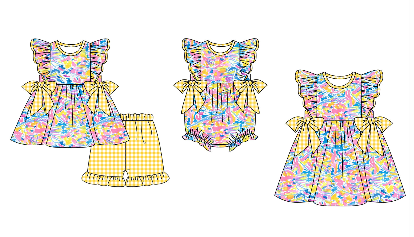 12.2 custom each style moq 5eta 4-6week Sibling Sister baby girl short sleeve shorts sets and dress and rompers match family design