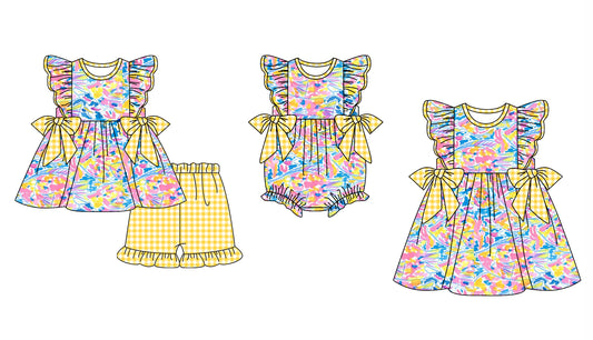 12.2 custom each style moq 5eta 4-6week Sibling Sister baby girl short sleeve shorts sets and dress and rompers match family design
