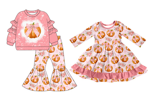 25.7.10 custom each style moq 5eta 4-6week Sibling Sisters pumpkin bow pink baby girl long sleeve pants sets and dress match family design