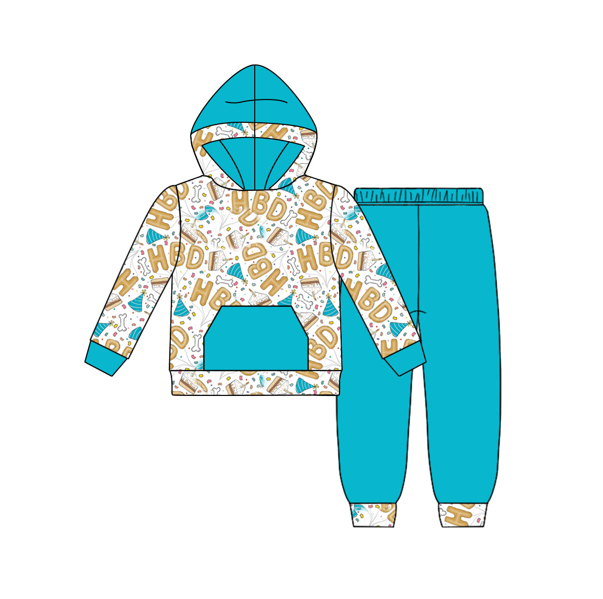 6.4 custom each style moq 5 eta 4-6week baby boys clothes HBD cake teal hooded long sleeve pants outfits