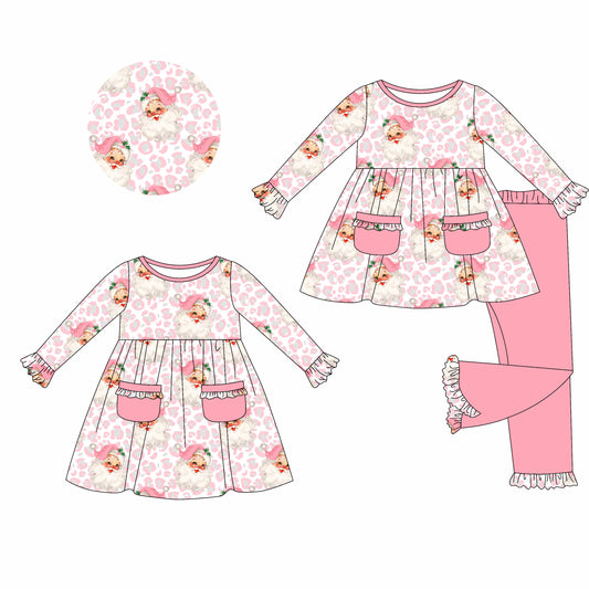 25.5.21 custom each style moq 5eta 4-6week Sibling Sisters Christmas leopard pink baby girl long sleeve pants sets and dress match family design