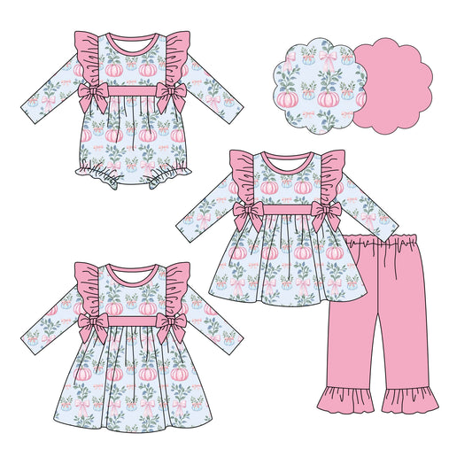 25.6.18 custom each style moq 5eta 4-6week Sibling Sisters pumpkin floral bow baby girl long sleeve pants sets and dress and rompers match family design