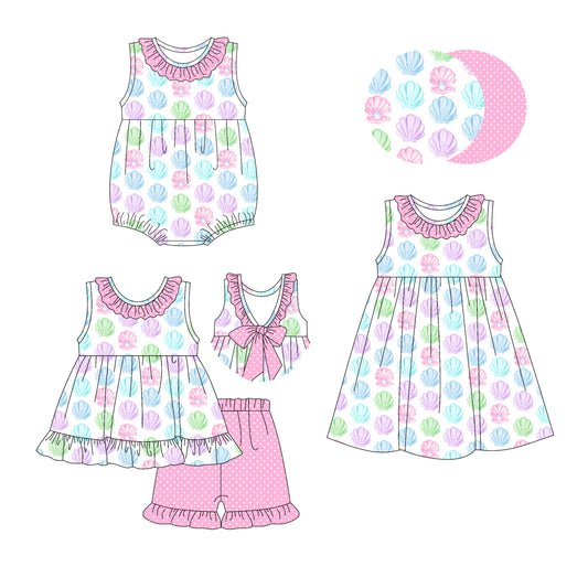 3.7 custom each style moq 5eta 4-6week Sibling Sisters baby girl short sleeve shorts sets and dress and rompers match family design