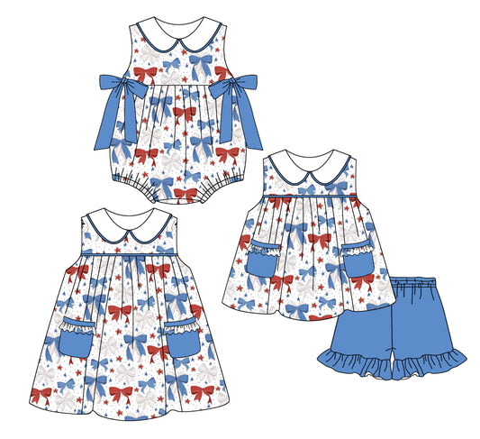 2.26 custom each style moq 5eta 4-6week Sibling Sisters bow baby girl short sleeve shorts sets and dress and rompers match family design