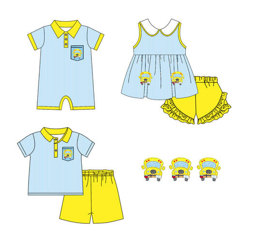 11.22 custom each style moq 5eta 4-6week Sibling Sister bus baby girl short sleeve shorts sets and sets 2 and girls romper match design