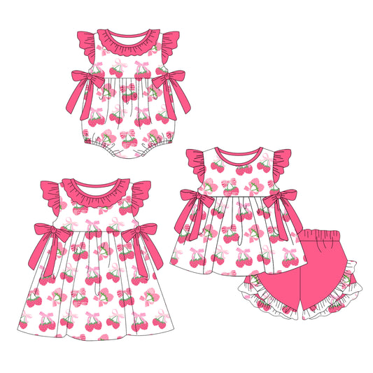 3.31 custom each style moq 5eta 4-6week Sibling Sisters strawberry bow baby girl short sleeve shorts sets and dress and rompers match family design