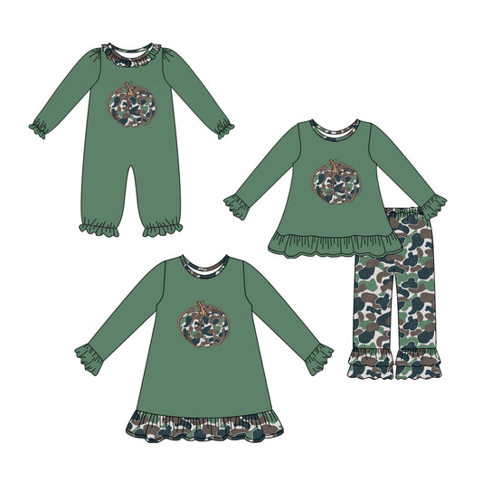 25.7.24 custom each style moq 5eta 4-6week Sibling Sisters pumpkin camouflage baby girl long sleeve pants sets and dress and rompers match family design