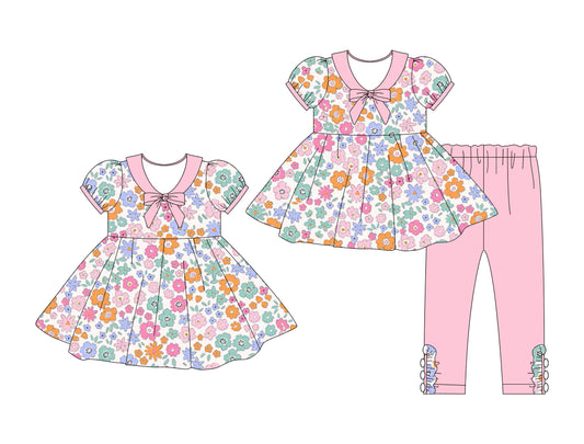 25.10.3 custom each style moq 8 eta 6-8week Sibling Sisters floral baby girl short sleeve pants sets and dress match family design