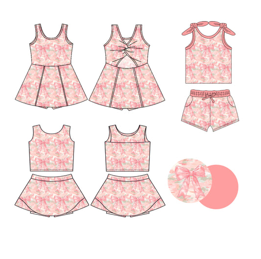 25.6.6 custom each style moq 5eta 4-6week Sibling Sister bow floral pink baby girl short sleeve shorts sets and skirts sets and dress match design