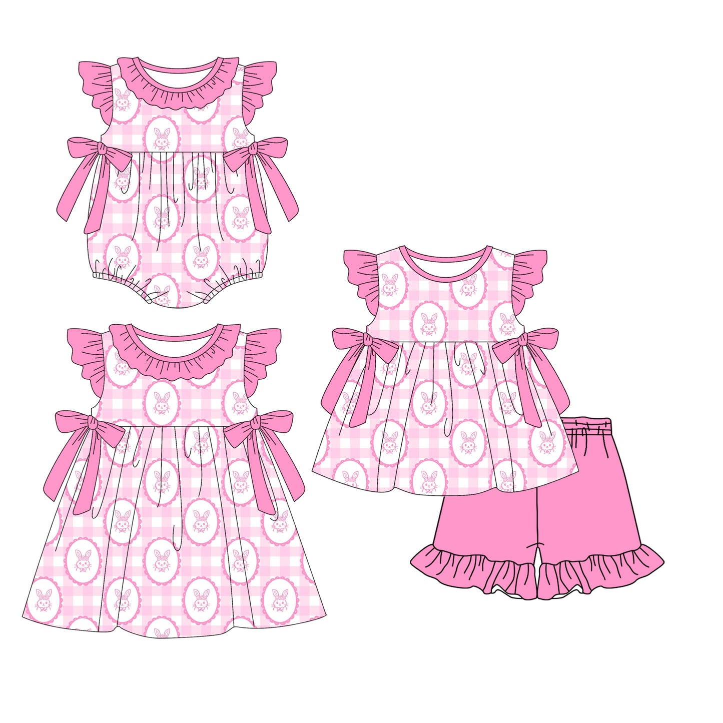 Custom moq 5 mix size Sibling Baby Girl's Bunny Print Easter Short-Sleeved Top And Shorts Set Cute Romper Dress for Spring Summer
