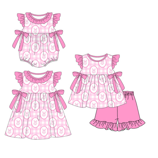 Custom moq 5 mix size Sibling Baby Girl's Bunny Print Easter Short-Sleeved Top And Shorts Set Cute Romper Dress for Spring Summer
