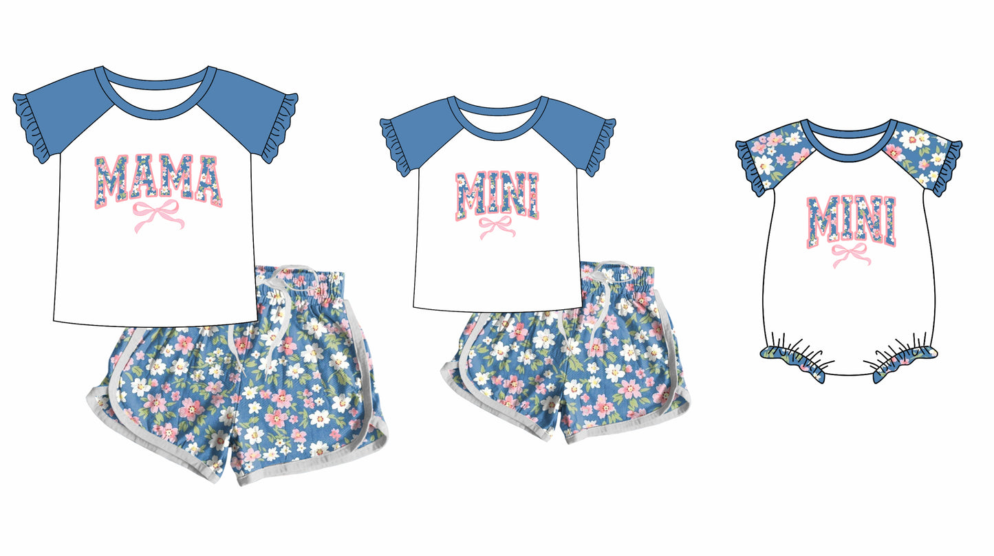12.10 custom each style moq 5eta 4-6week Sibling Sister Mini floral baby girls short sleeve shorts sets and adult sets and romper match design