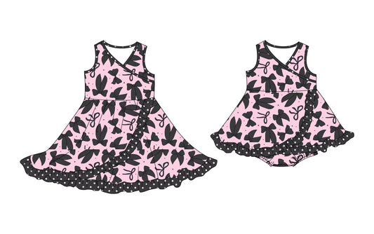 25.10.11 custom each style moq 5 eta 6-8week Sibling Sisters bow baby girl short sleeve dress and romper match family design