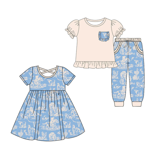 4.28 custom each style moq 5eta 4-6week Sibling Sister riding horse baby girl pants sets and dress match family design