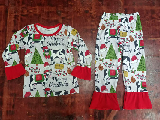 Custom moq 3 eta 6-7weeks Christmas Cow-Tree-Letter Red Trumpet Sleeve Long Sleeve Suit
