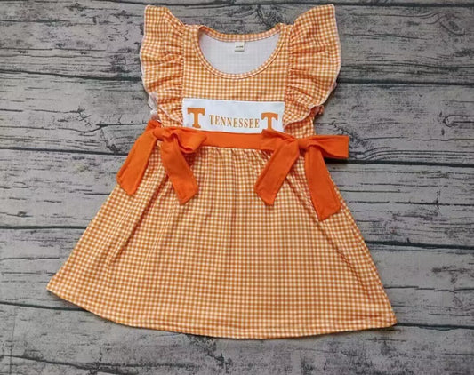 custom moq 3 eta 6-7weeks Orange Bow Decoration-Small Plaid Fly Sleeve Dress