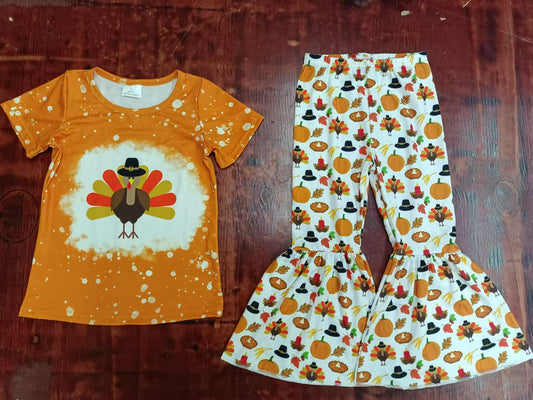 Custom moq 3 eta 6-7weeks Turkey Print Bubble Dot Orange Short Sleeve-Pumpkin Pattern White Flared Pants Set