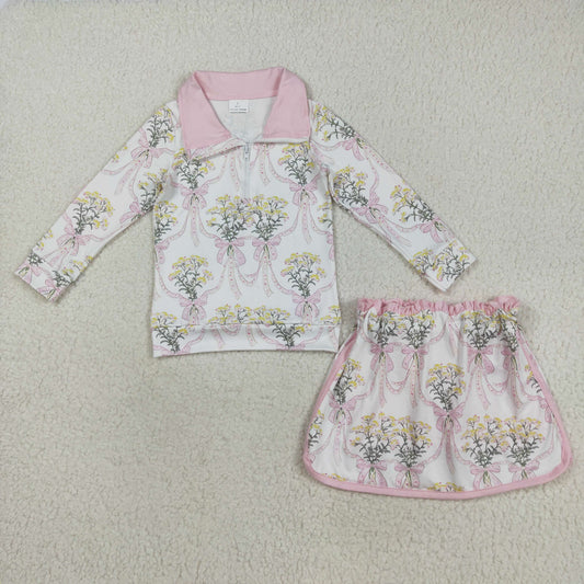 RTS NO MOQ（In Stock) GLD1078 Pink and white zip-up long-sleeved skirt set with floral bouquet and bow pattern