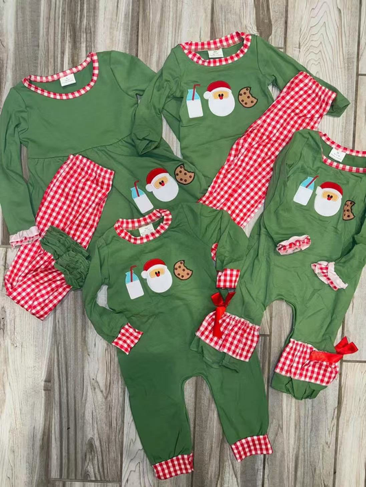 RTS Sibling baby girls clothes Christma Embroidery Santa Cookies Milk Green long sleeve pants sets and rompers