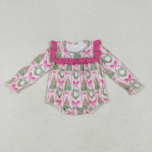 RTS NO MOQ LR2202 Christmas tree rose red bow pattern lace long-sleeved jumpsuit