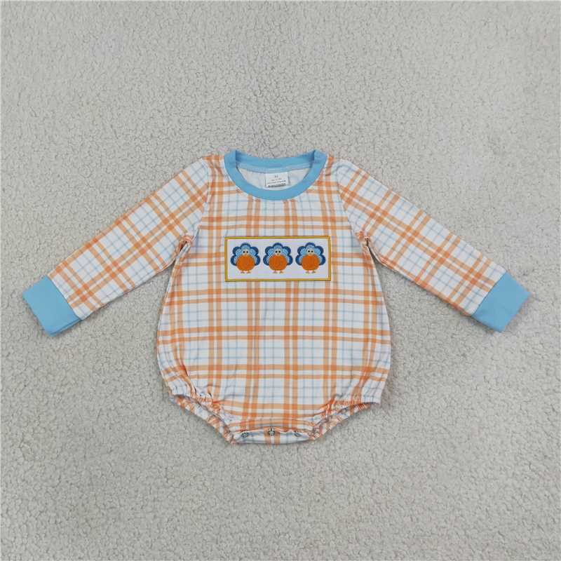 Sibling Kids Thanksgiving Three Turkeys Blue Top Plaid Pants & Plaid Baby Romper Collection