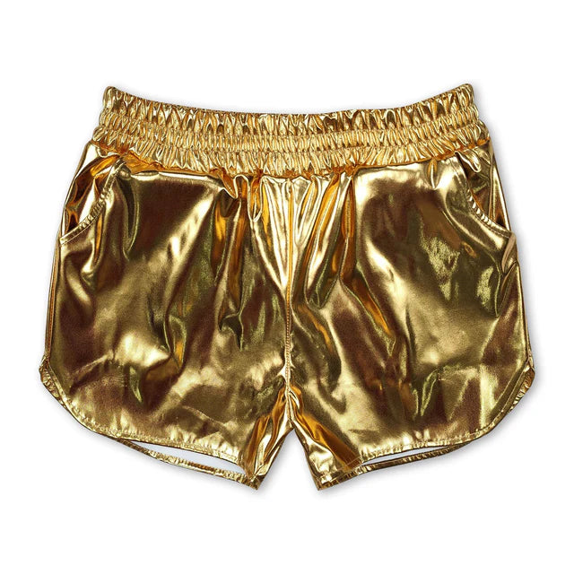 RTS NO MOQ Sibling Baby Girls  Pockets Leather Metallic Elastic Bottom Shorts