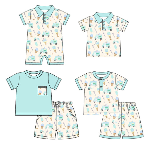 4.23 custom each style moq 5eta 4-6week Sibling Sister ice cream baby boy sets 1 and sets 2 and boy rompers and top match family design