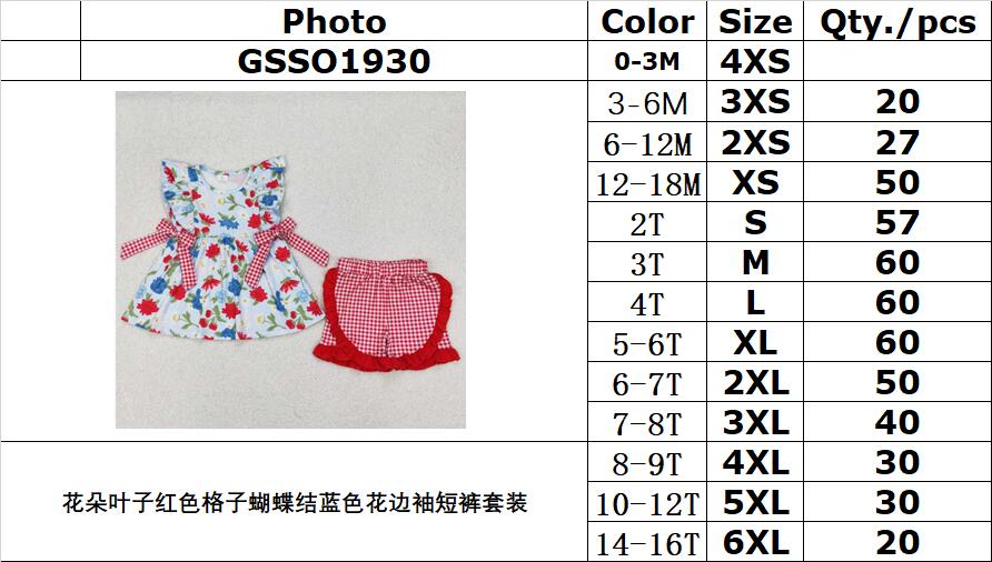 RTS NO MOQ ETA 5/7days Arrived GSSO1930 Flower leaf red plaid bow blue lace sleeve shorts suit