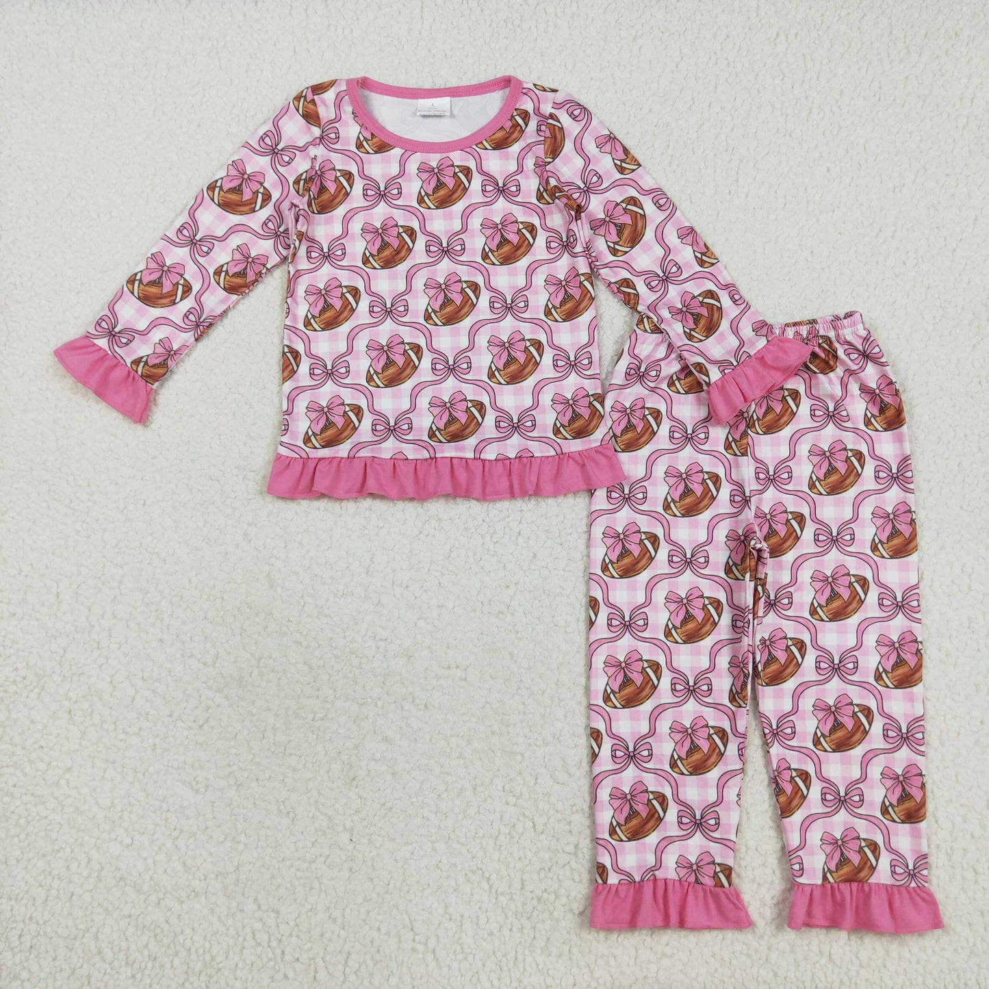 RTS NO MOQ（In Stock) GLP2535 Pink lace plaid long-sleeved trousers pajama set with rugby bow pattern