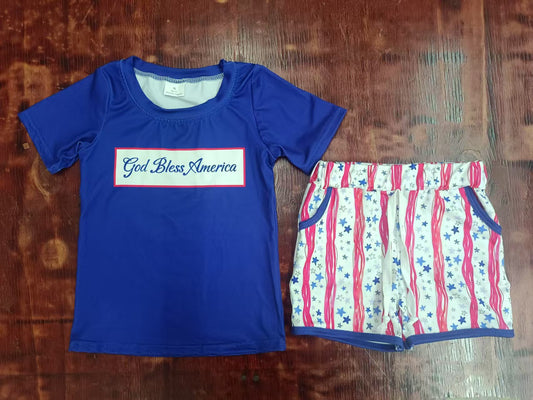 Custom moq 3 eta 6-7weeks baby boys clothes GOD blue Short Sleeve shorts sets