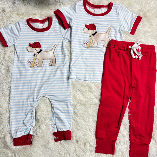 RTS NO MOQ Sibling Baby boy clothes embroidery short-sleeved trousers suit & rompers