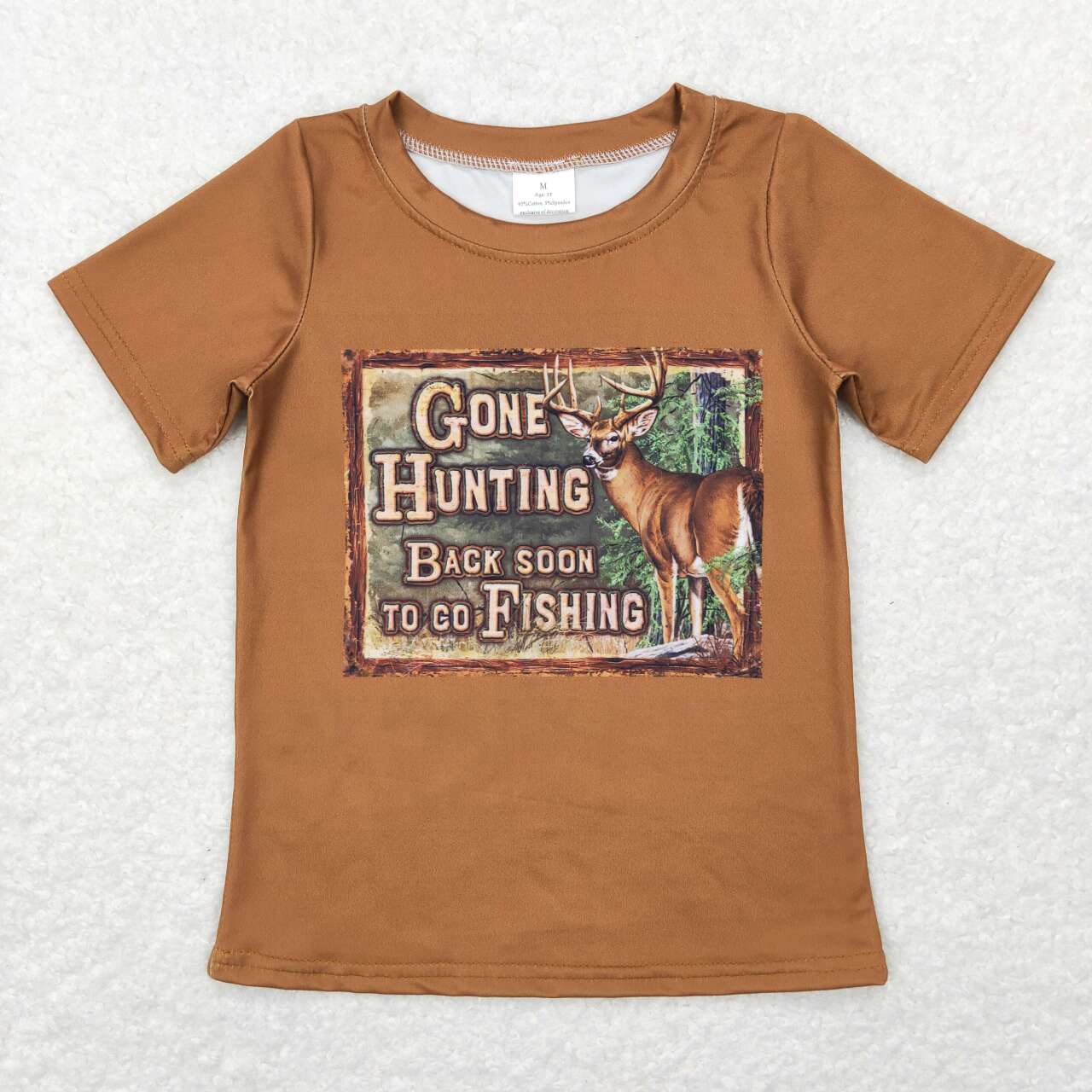 RTS NO MOQ（In Stock) BT0424 gone hunting letter elk brown short sleeve top