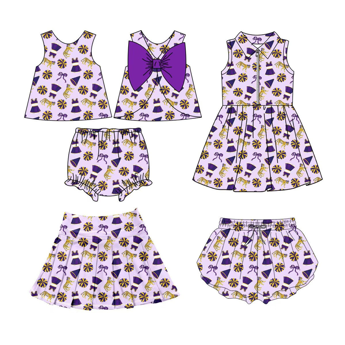custom moq 5 mix size BYWY0102 Baby Girls Purple Bow Tunic Bummie Sets Team Set Yoga Dress Shorts Skirt