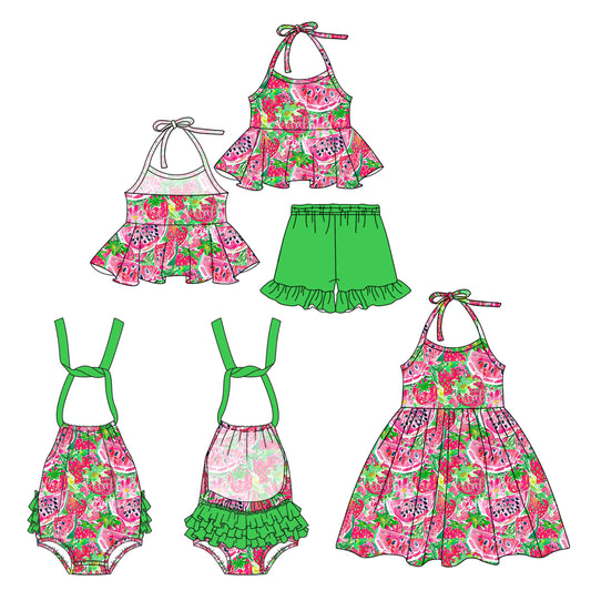 3.22 custom each style moq 5eta 4-6week Sibling Sisters watermelon baby girl short sleeve shorts sets and dress and rompers match family design