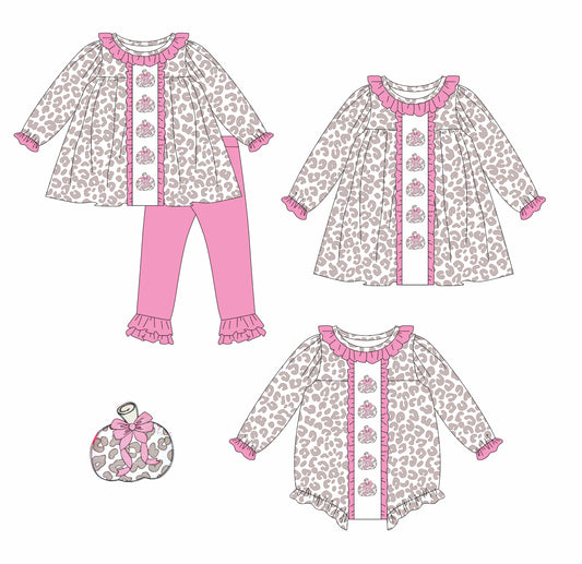 25.5.15 custom each style moq 5eta 4-6week Sibling Sisters leopard pumpkin baby girl long sleeve pants sets and dress and rompers match family design