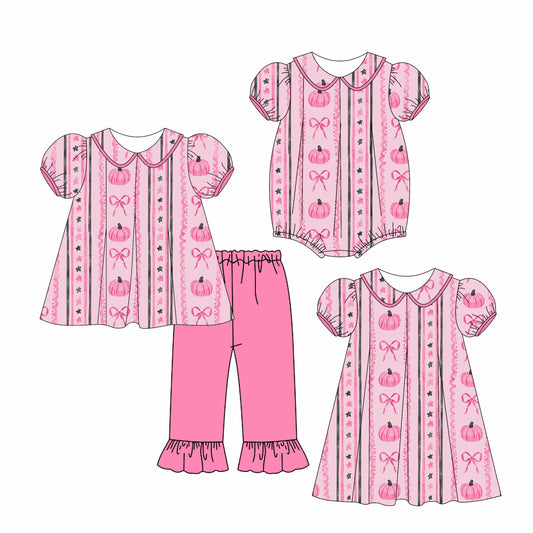 4.28 custom each style moq 5eta 4-6week Sibling Sisters bow pumpkin baby girl short sleeve pants sets and dress and romper match family design
