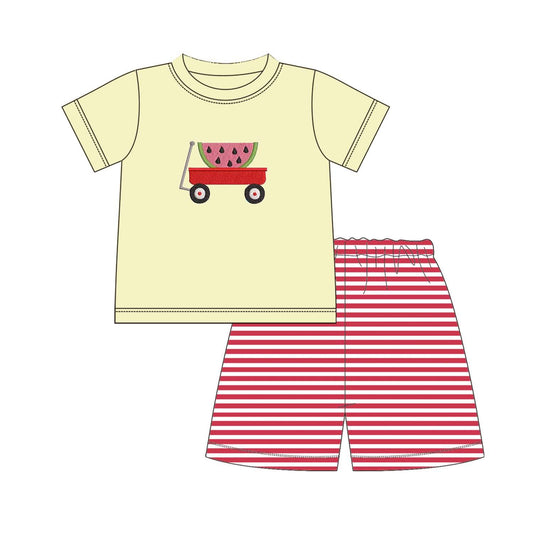 5.18custom each style moq 5eta 4-5week Sibling Sister watermelon cart prints yellow and red stripe girls and boys outfits and baby romper match family design