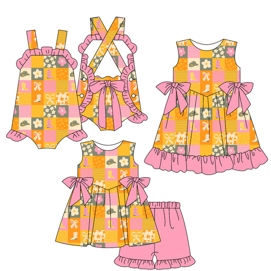 4.2 custom each style moq 5eta 4-6week Sibling Sisters bow floral boot baby girl short sleeve shorts sets and dress and rompers match family design