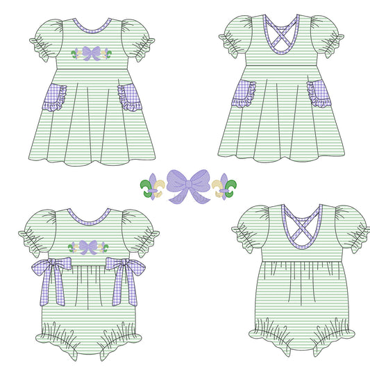 25.10.3 custom each style moq 8 eta 6-8week Sibling Sisters mardi gras bow baby girl short sleeve dress and rompers match family design