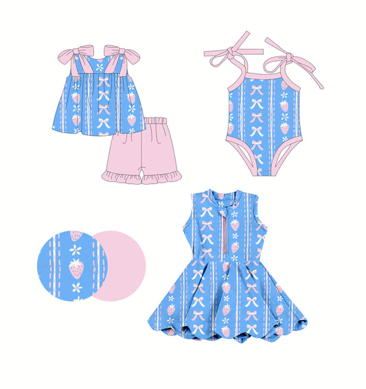 2.24 custom each style moq 5eta 4-6week Sibling Sisters bow strawberry baby girl short sleeve shorts sets and dress and rompers match family design