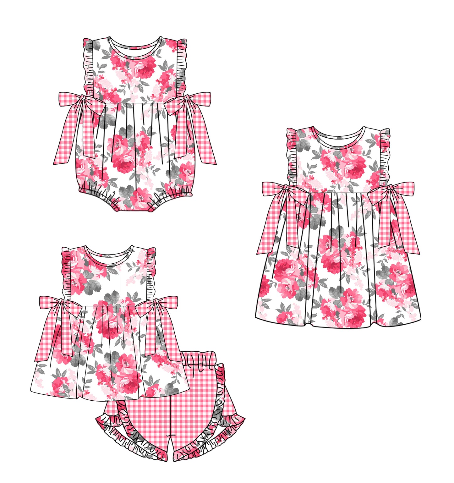 12.12 custom each style moq 5eta 4-6week Sibling Sister floral baby girl short sleeve shorts sets and dress and rompers match family design