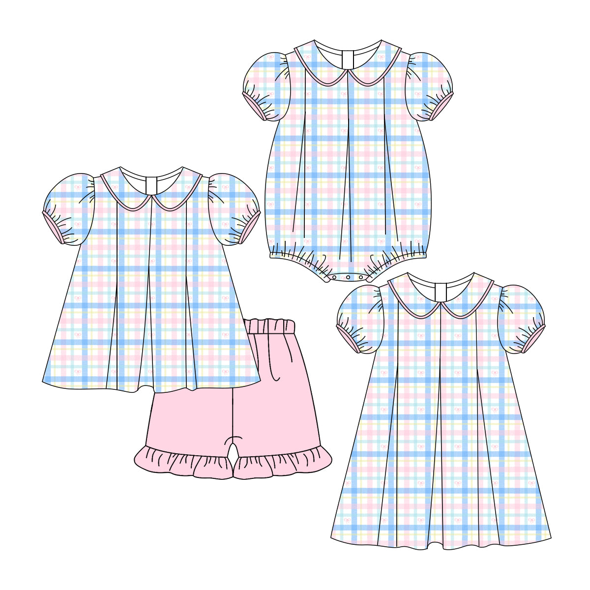 3.7 custom each style moq 5eta 4-6week Sibling Sisters plaid baby girl short sleeve shorts sets and dress and rompers match family design