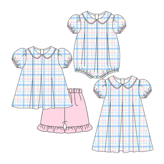 3.7 custom each style moq 5eta 4-6week Sibling Sisters plaid baby girl short sleeve shorts sets and dress and rompers match family design