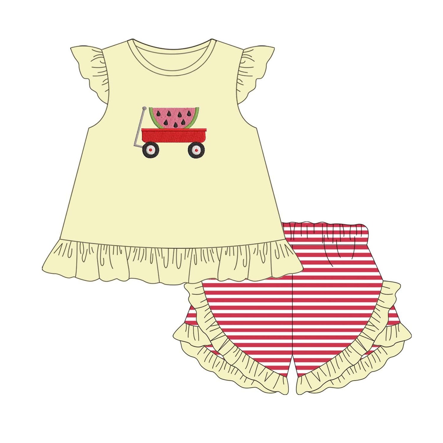 5.18custom each style moq 5eta 4-5week Sibling Sister watermelon cart prints yellow and red stripe girls and boys outfits and baby romper match family design