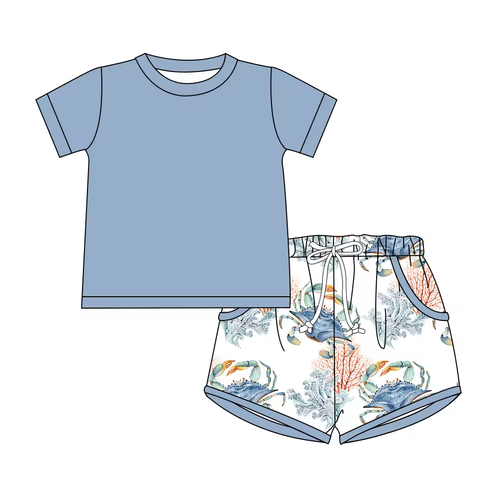 5.21custom each style moq 5eta 4-5week Sibling Sister Crab print gray boys outfits