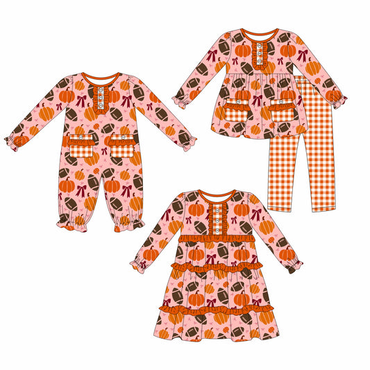 25.8.19 custom each style moq 5eta 4-6week Sibling Sisters rugby pumpkin baby girl long sleeve pants sets and dress and rompers match family design