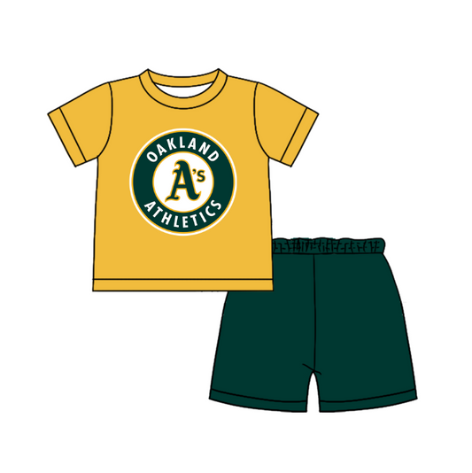 Custom moq 5 mix size milk silk summer teams Baby Boy's yellow  Short-Sleeved O-Neck Top And solid color Shorts Set